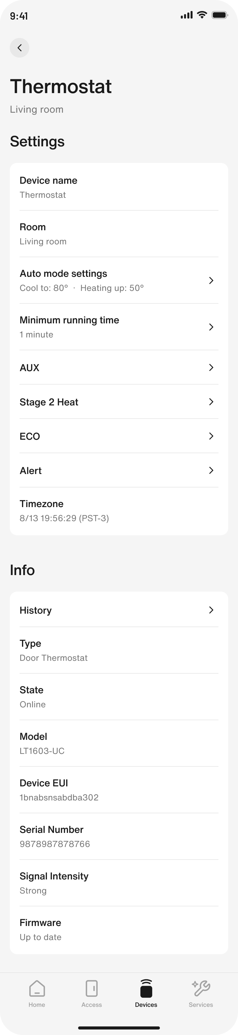 New device settings screen