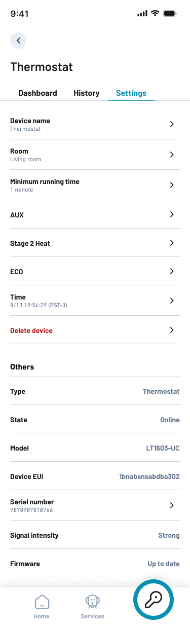 Old device settings screen