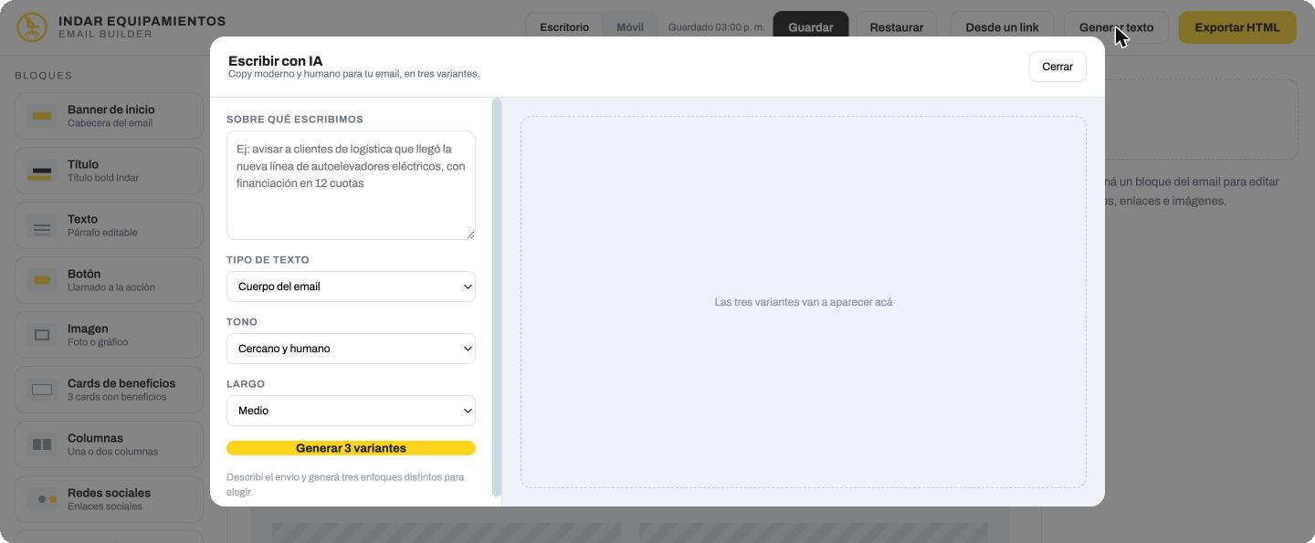 Modal para escribir copy con IA en tres variantes de tono