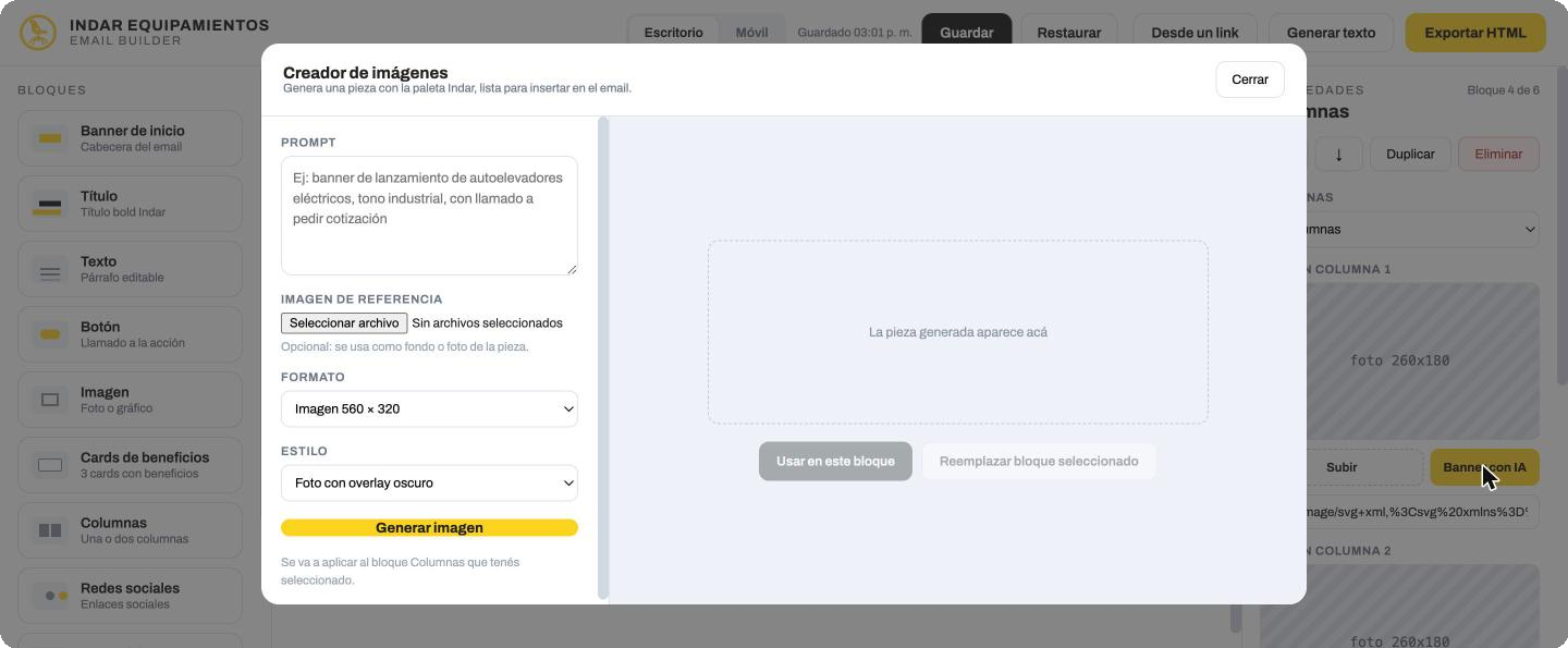 Modal para generar banners e imágenes con IA con la paleta de Indar
