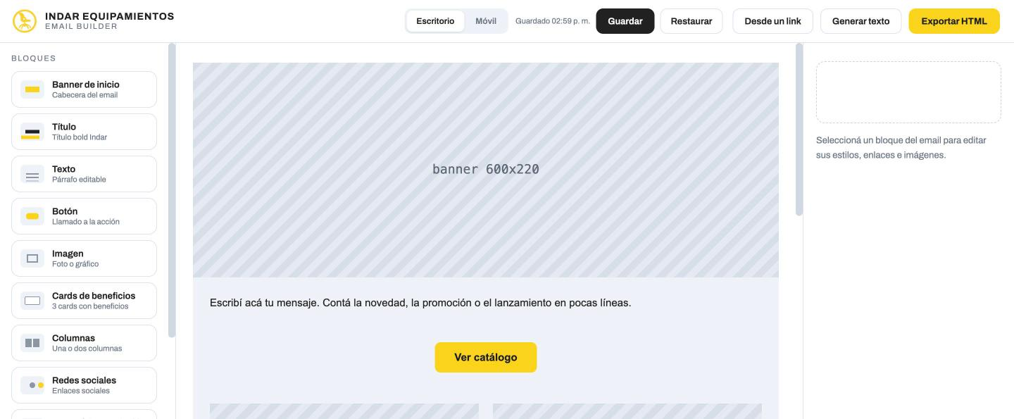 Lienzo del email builder con la paleta de bloques a la izquierda