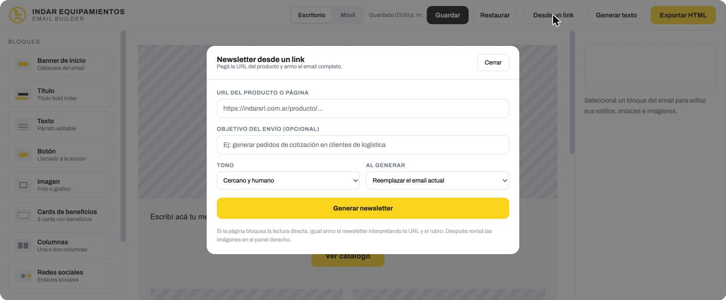 Modal para generar un newsletter completo desde un link de producto