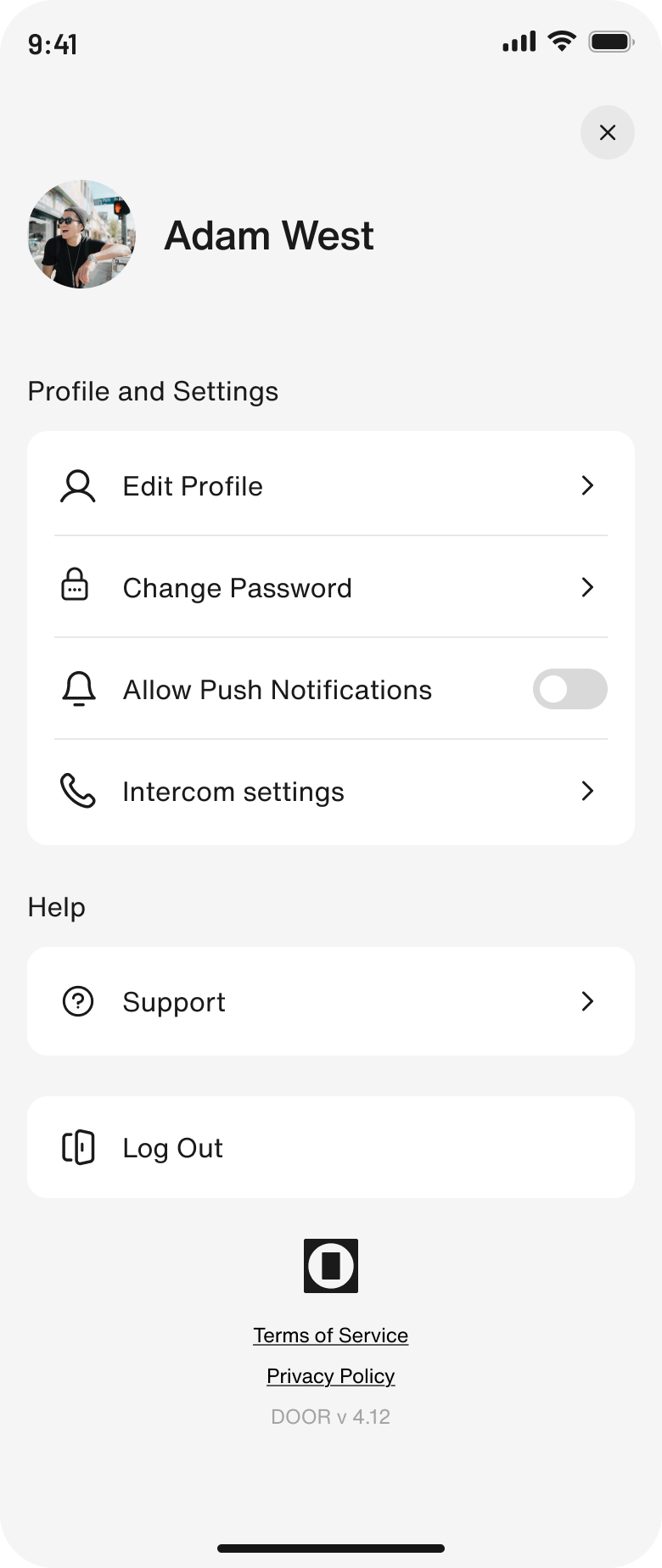 DOOR app — profile and settings, after
